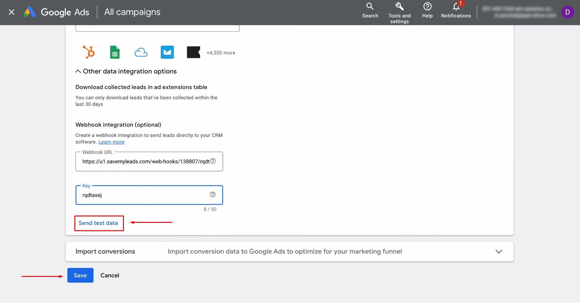 Google Lead Form and Sinch integration | Click "Send Test Data" and save the changes Google Lead Form and Sinch integration | Click "Send Test Data" and save the changes