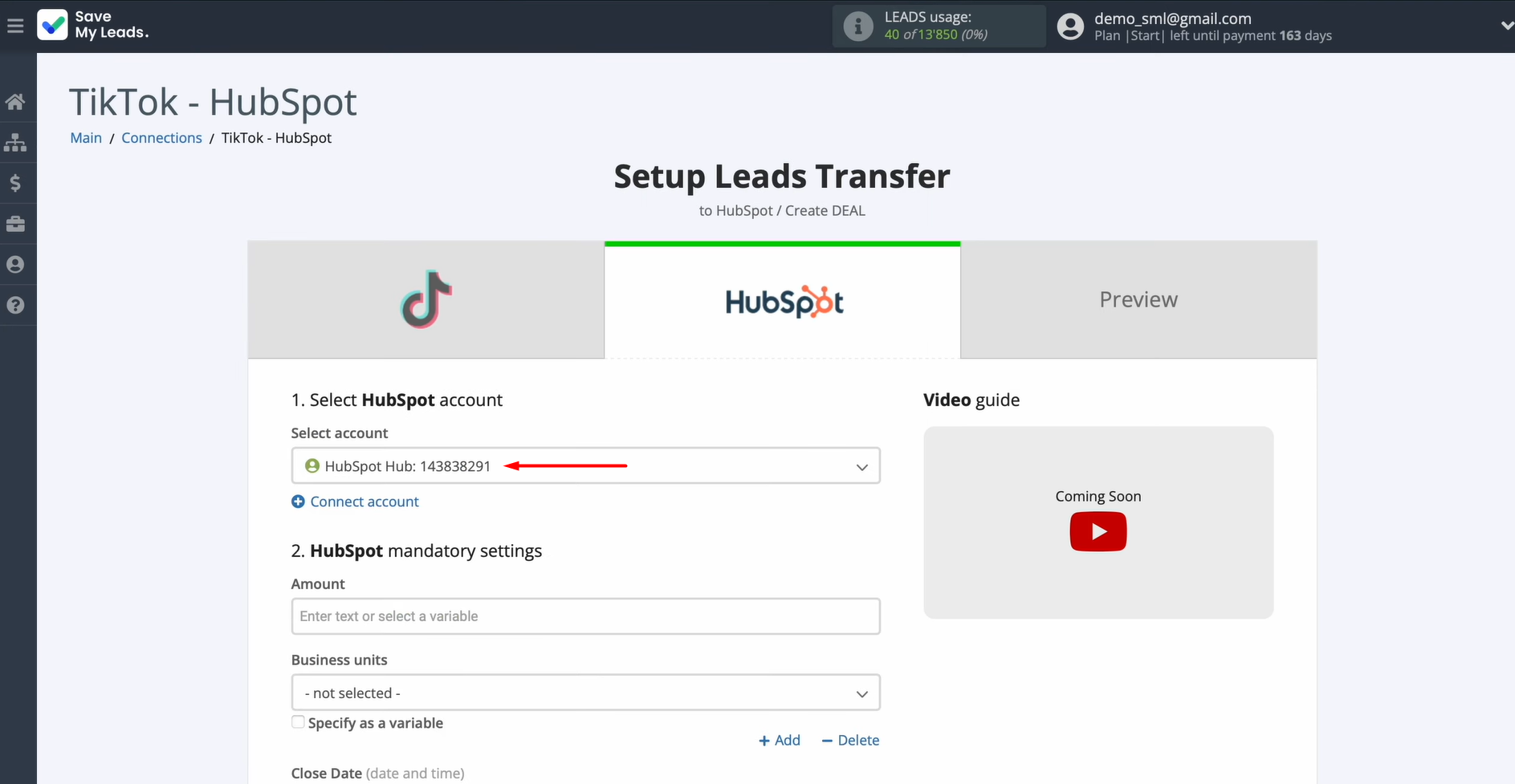 HubSpot and TikTok integration | Select the connected account HubSpot and TikTok integration | Select the connected account