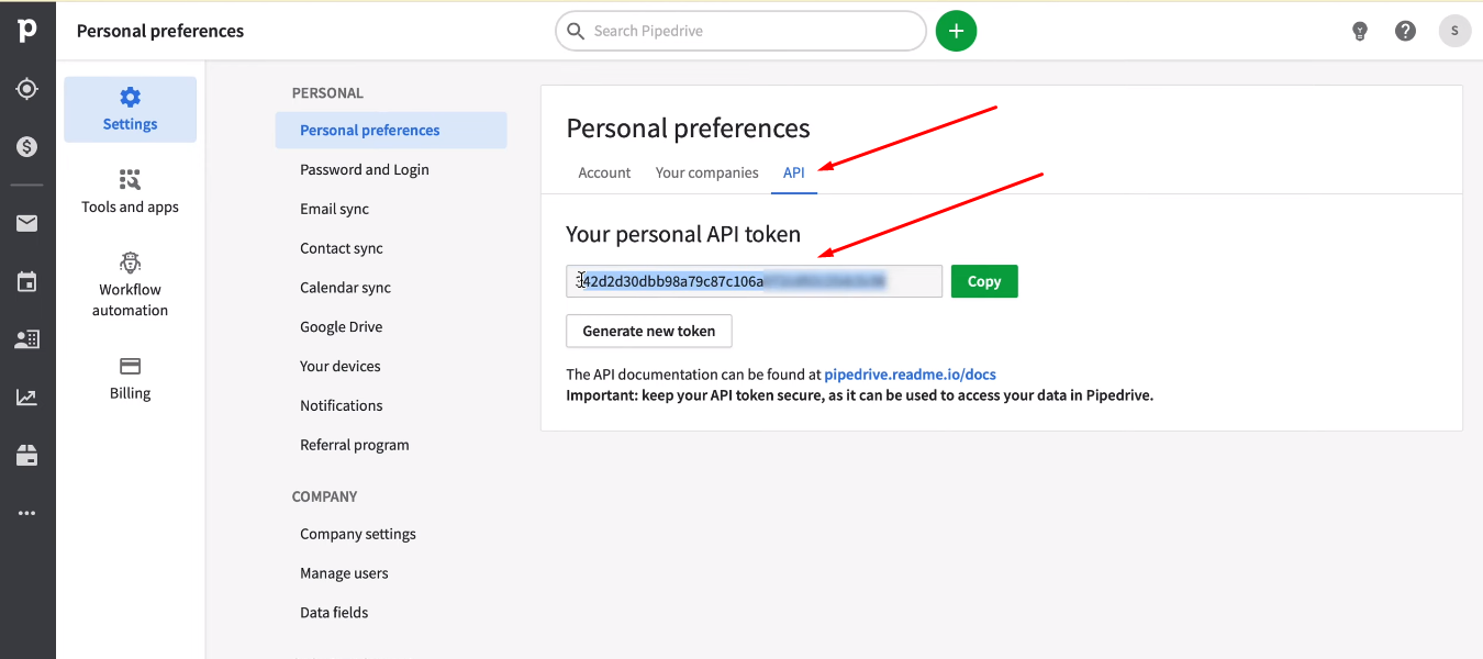 Facebook and Pipedrive integration | Copy API token Facebook and Pipedrive integration | Copy API token