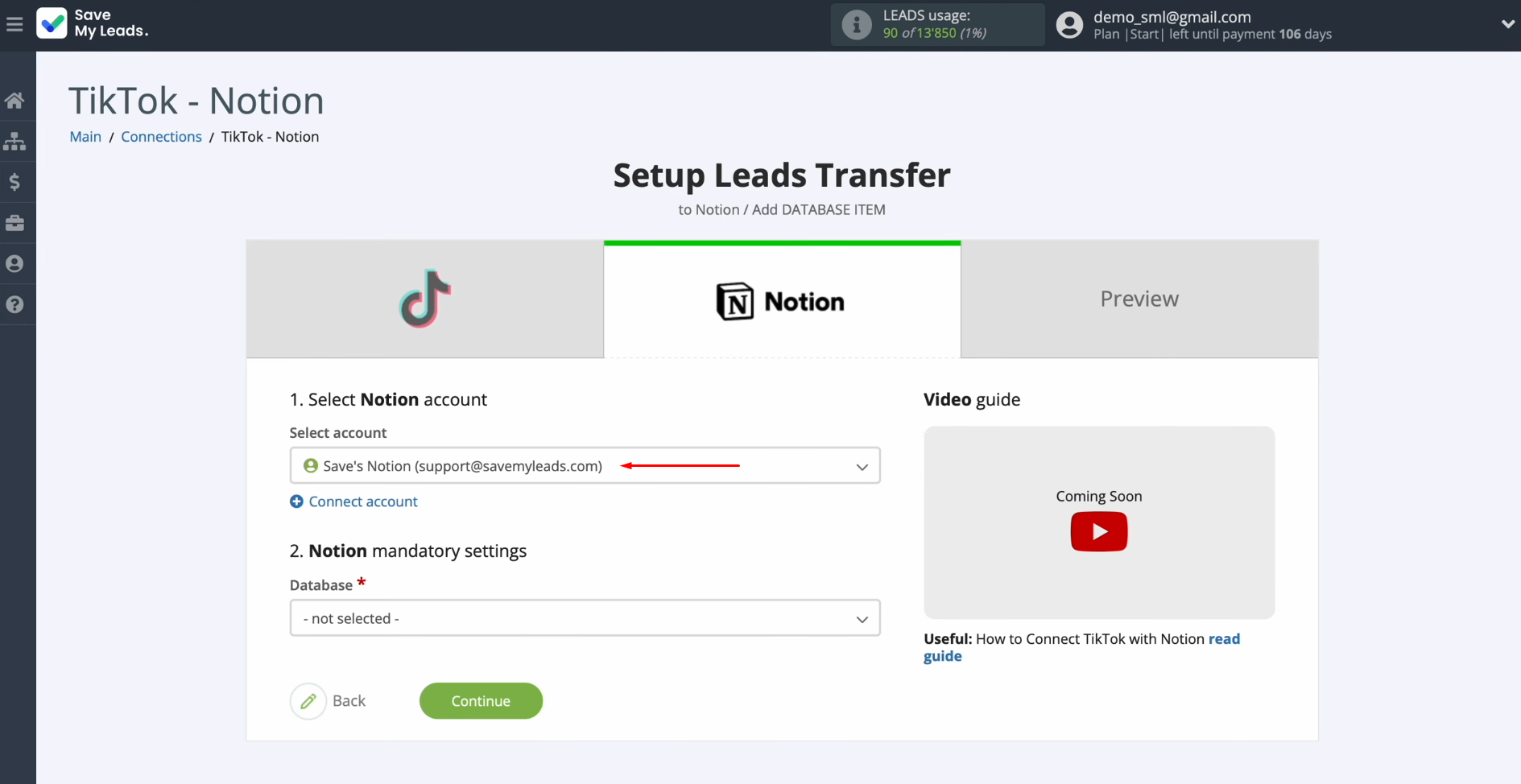 Notion and TikTok integration | Select the connected account Notion and TikTok integration | Select the connected account