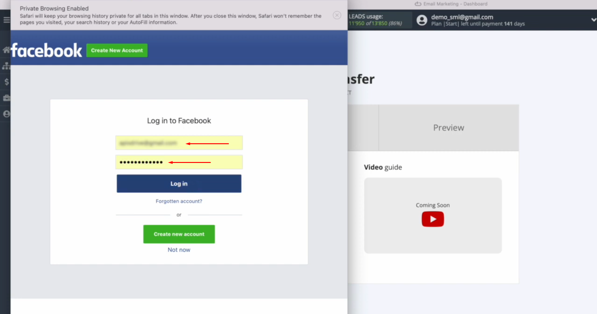 Elastic Email and Facebook integration | Specify the login and password of your personal Facebook account Elastic Email and Facebook integration | Specify the login and password of your personal Facebook account