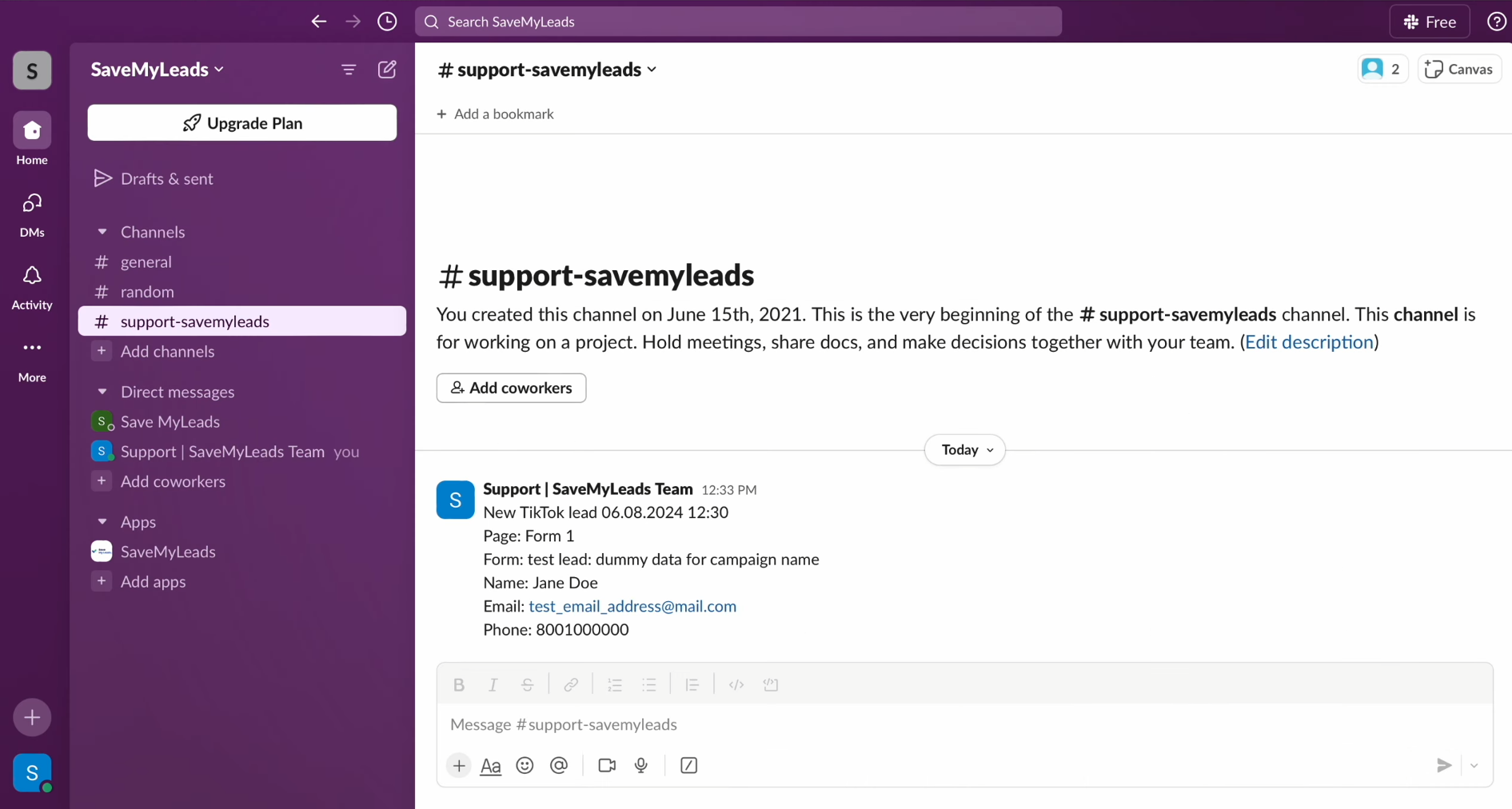 TikTok and Slack integration | Result of the data transfer to Slack TikTok and Slack integration | Result of the data transfer to Slack