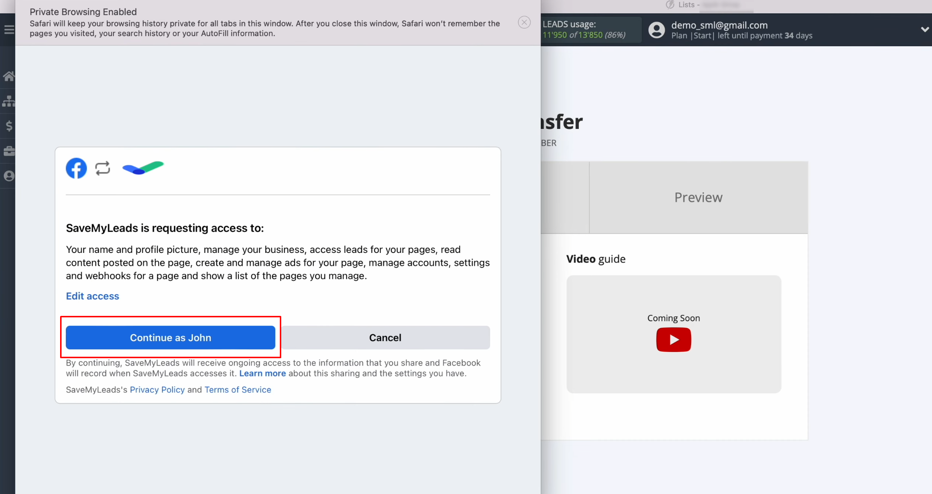 FeedBlitz and Facebook integration | Click “Continue as…” FeedBlitz and Facebook integration | Click “Continue as…”