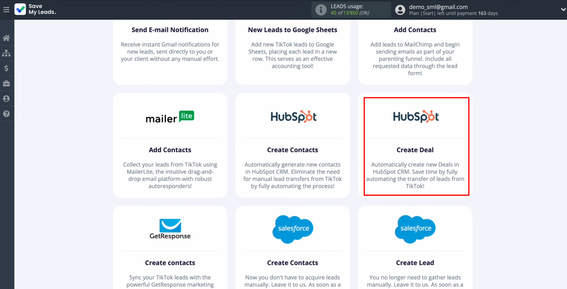 TikTok and HubSpot integration | Choose HubSpot (Create Deal) TikTok and HubSpot integration | Choose HubSpot (Create Deal)