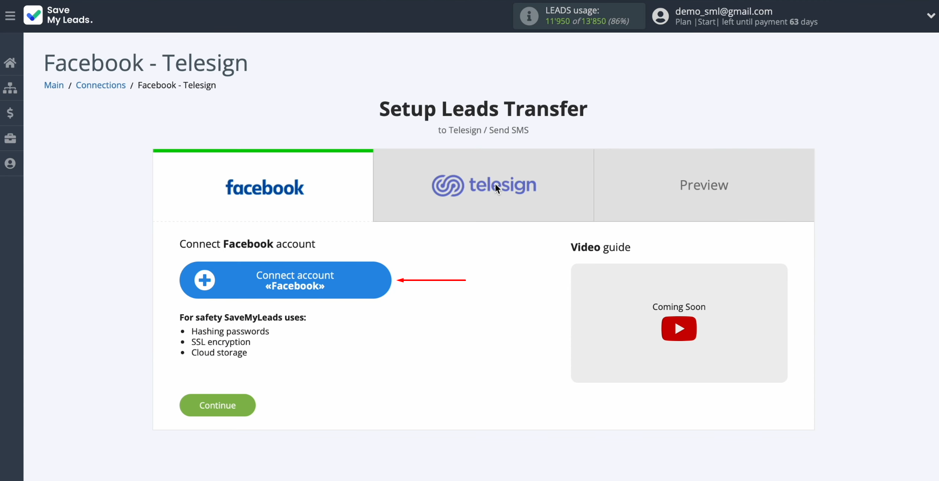 Telesign and Facebook integration | Click on the blue button Telesign and Facebook integration | Click on the blue button