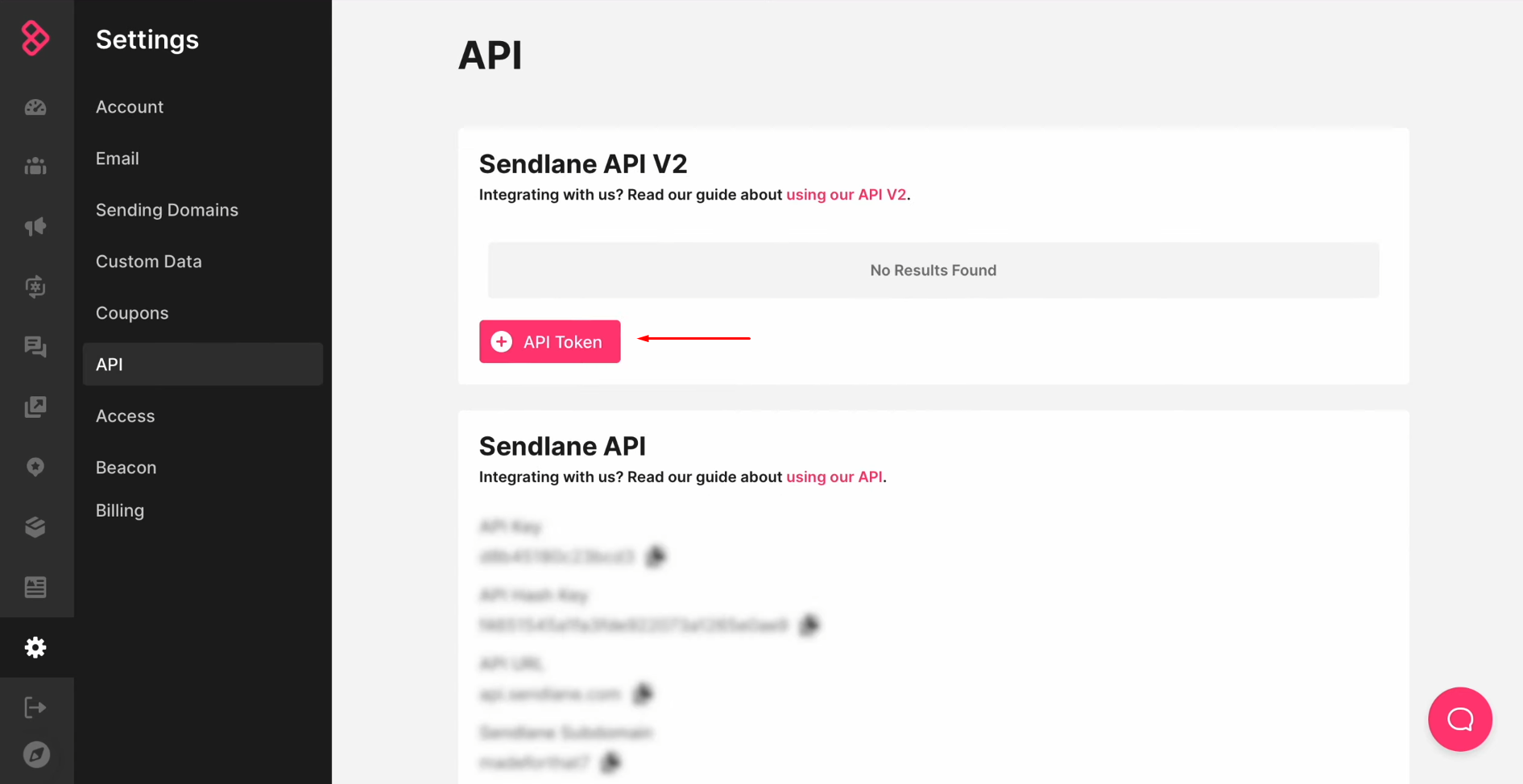 Sendlane and Facebook integration | Click “API token” Sendlane and Facebook integration | Click “API token”