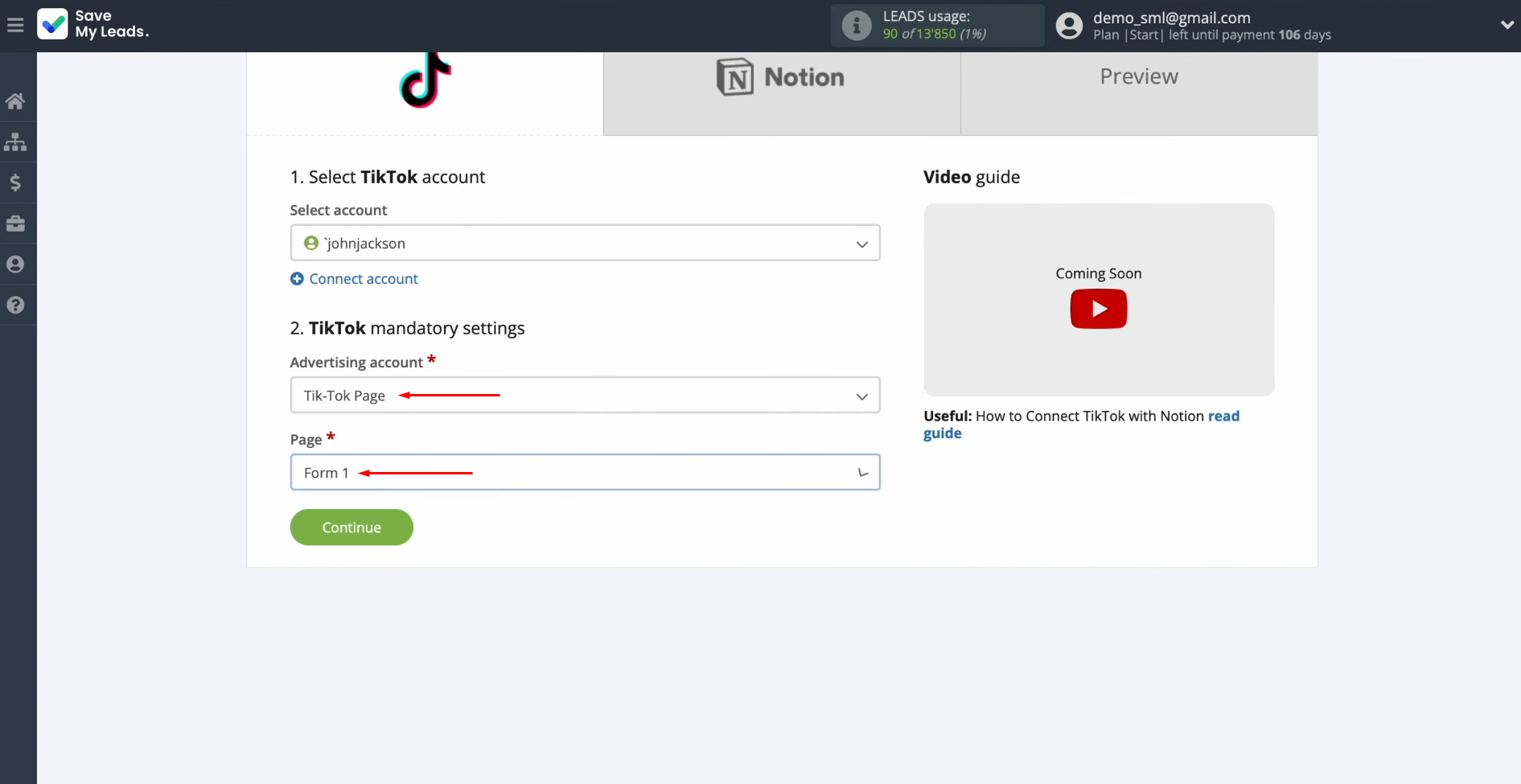 TikTok and Notion integration | Specify the advertising account and the lead form TikTok and Notion integration | Specify the advertising account and the lead form