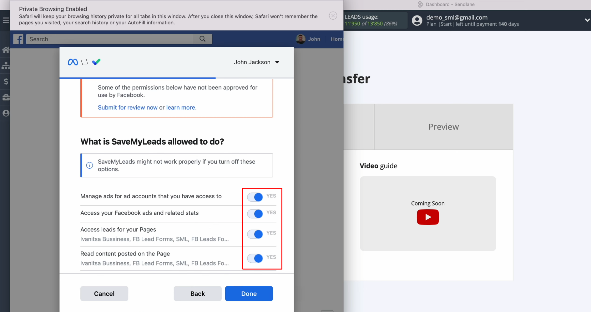 Sendlane and Facebook integration | Leave all check boxes enabled Sendlane and Facebook integration | Leave all check boxes enabled