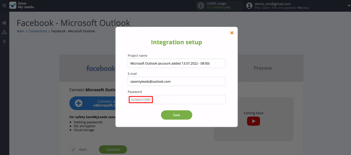 Facebook and Microsoft Outlook integration | Enter password Facebook and Microsoft Outlook integration | Enter password