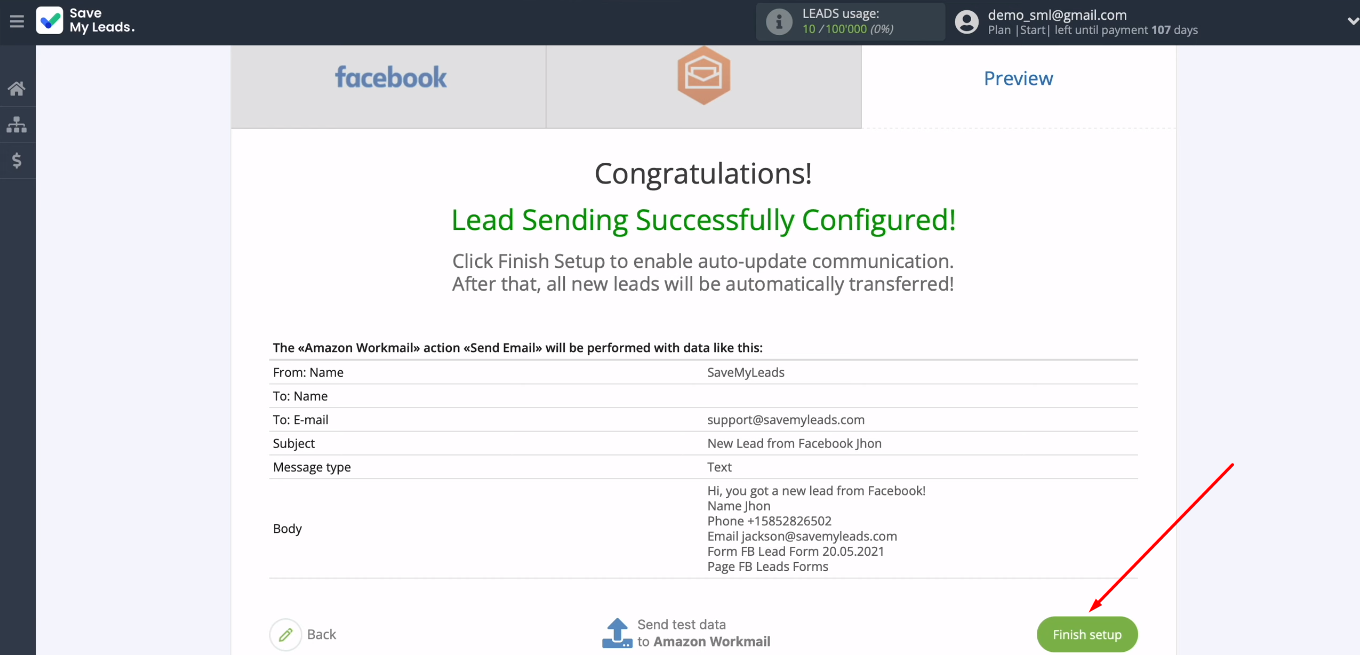 Facebook and Amazon WorkMail integration | Click “Finish setup” Facebook and Amazon WorkMail integration | Click “Finish setup”