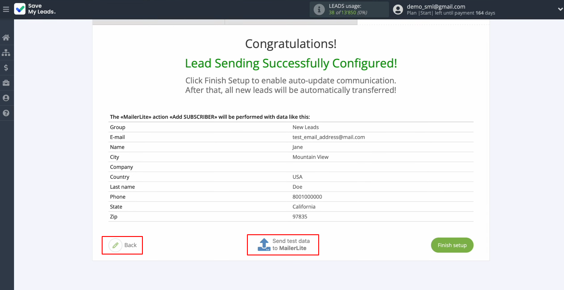 MailerLite and TikTok integration | Click "Back" or “Send test data to MailerLite” MailerLite and TikTok integration | Click "Back" or “Send test data to MailerLite”