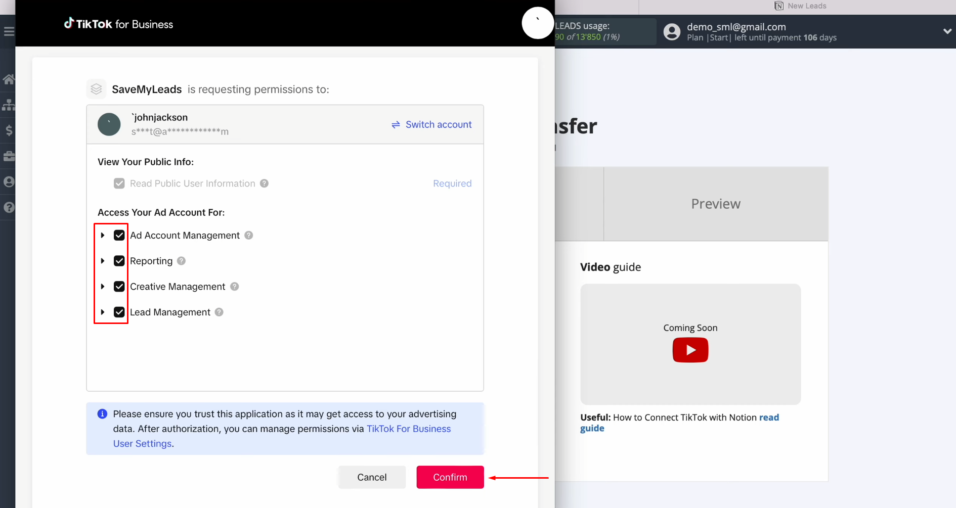 TikTok and Notion integration | Ensure that all required access checkboxes are enabled TikTok and Notion integration | Ensure that all required access checkboxes are enabled
