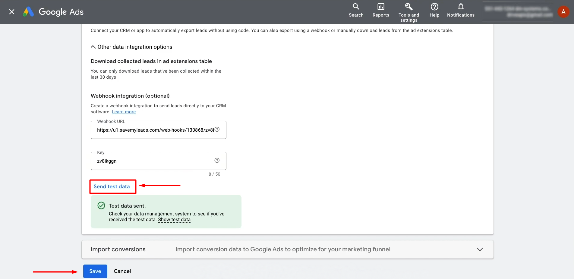 Google Lead Form and Mailchimp integration | Click "Send Test Data" and save the changes Google Lead Form and Mailchimp integration | Click "Send Test Data" and save the changes