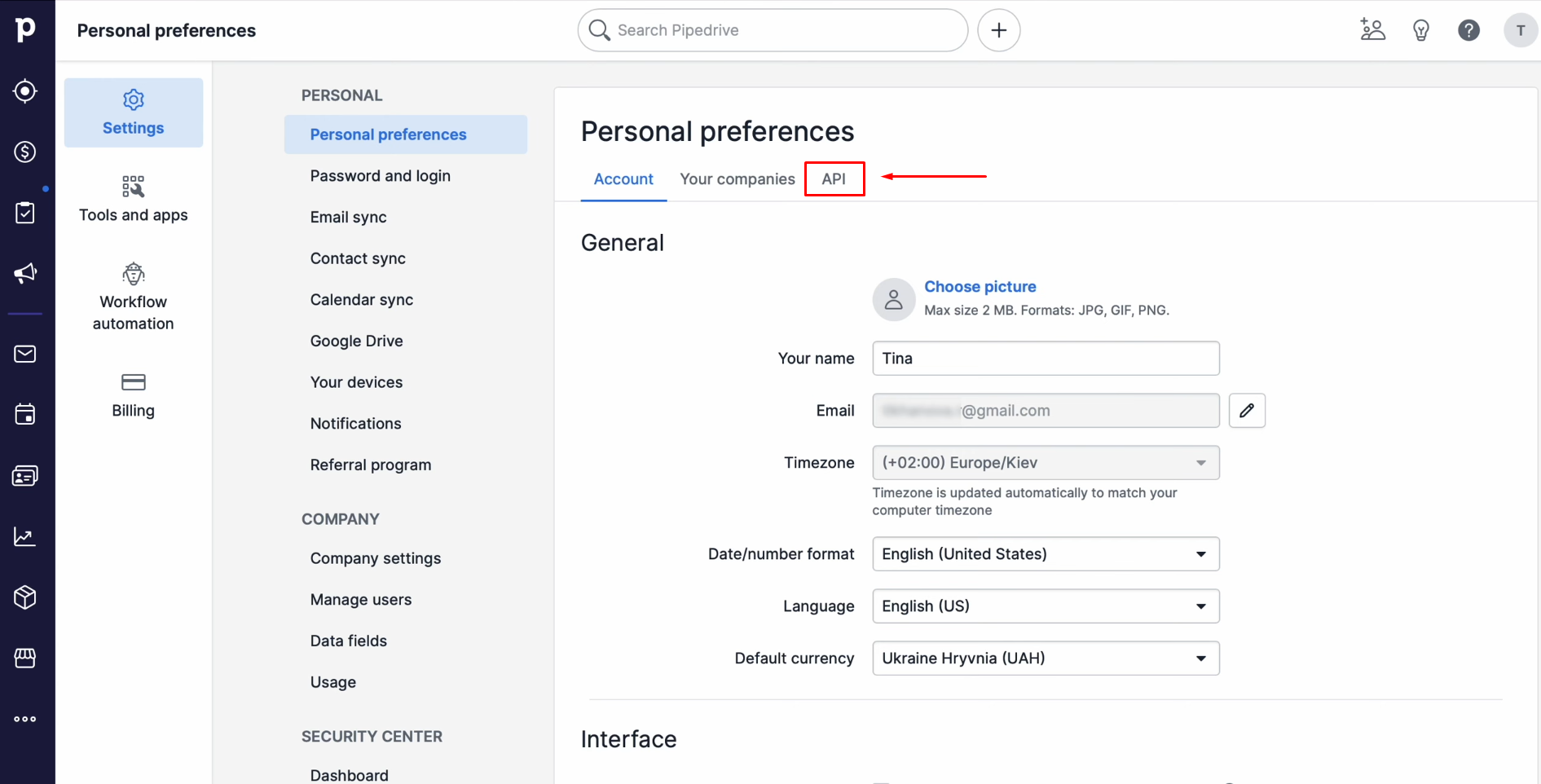 Pipedrive and Google Ads Lead Form integration | Navigate to the API tab Pipedrive and Google Ads Lead Form integration | Navigate to the API tab