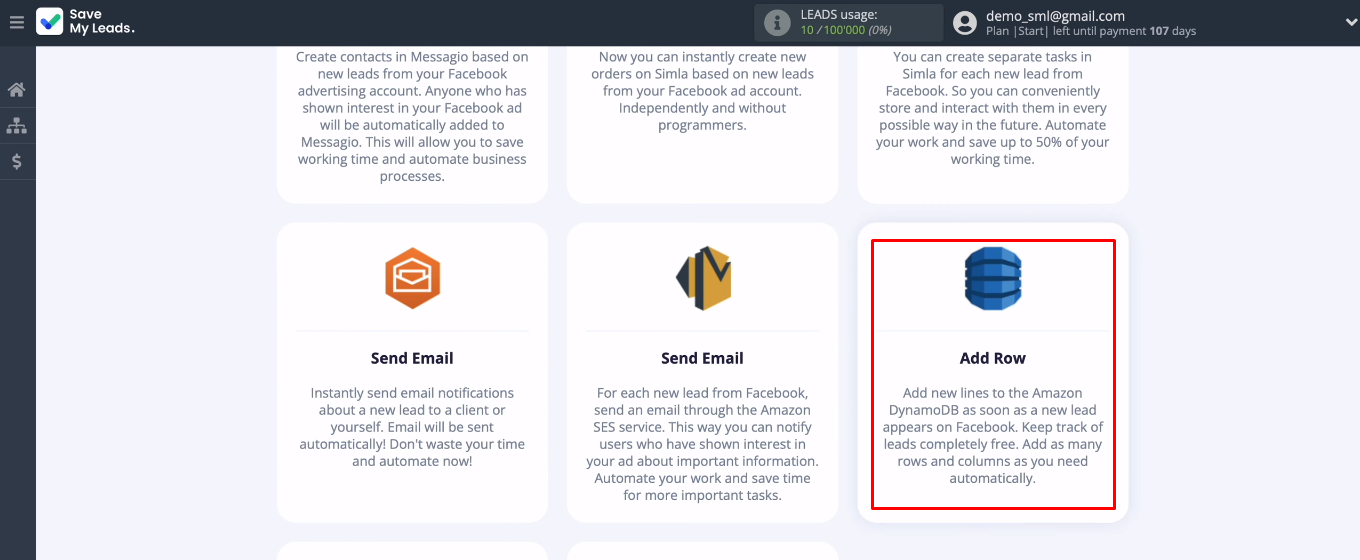 Facebook and Amazon DynamoDB integration | Select the template Facebook and Amazon DynamoDB integration | Select the template