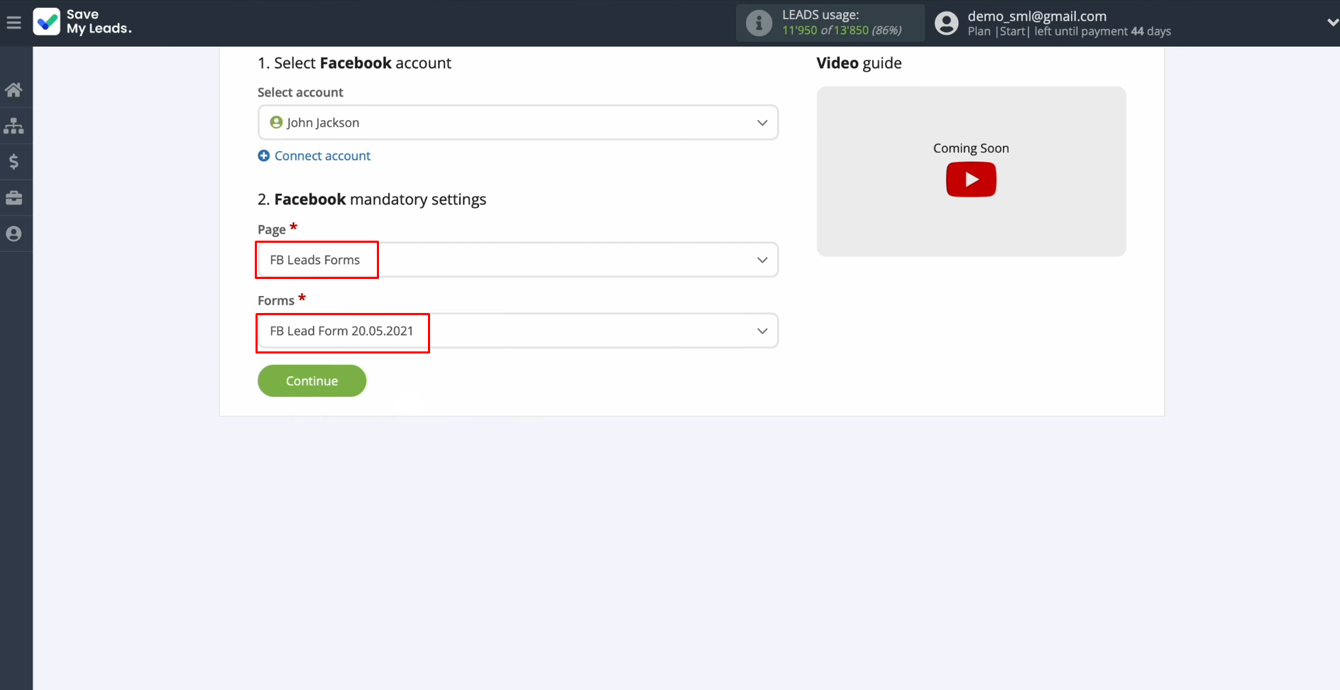 Facebook and Clickatell integration | Select the advertising page and form Facebook and Clickatell integration | Select the advertising page and form