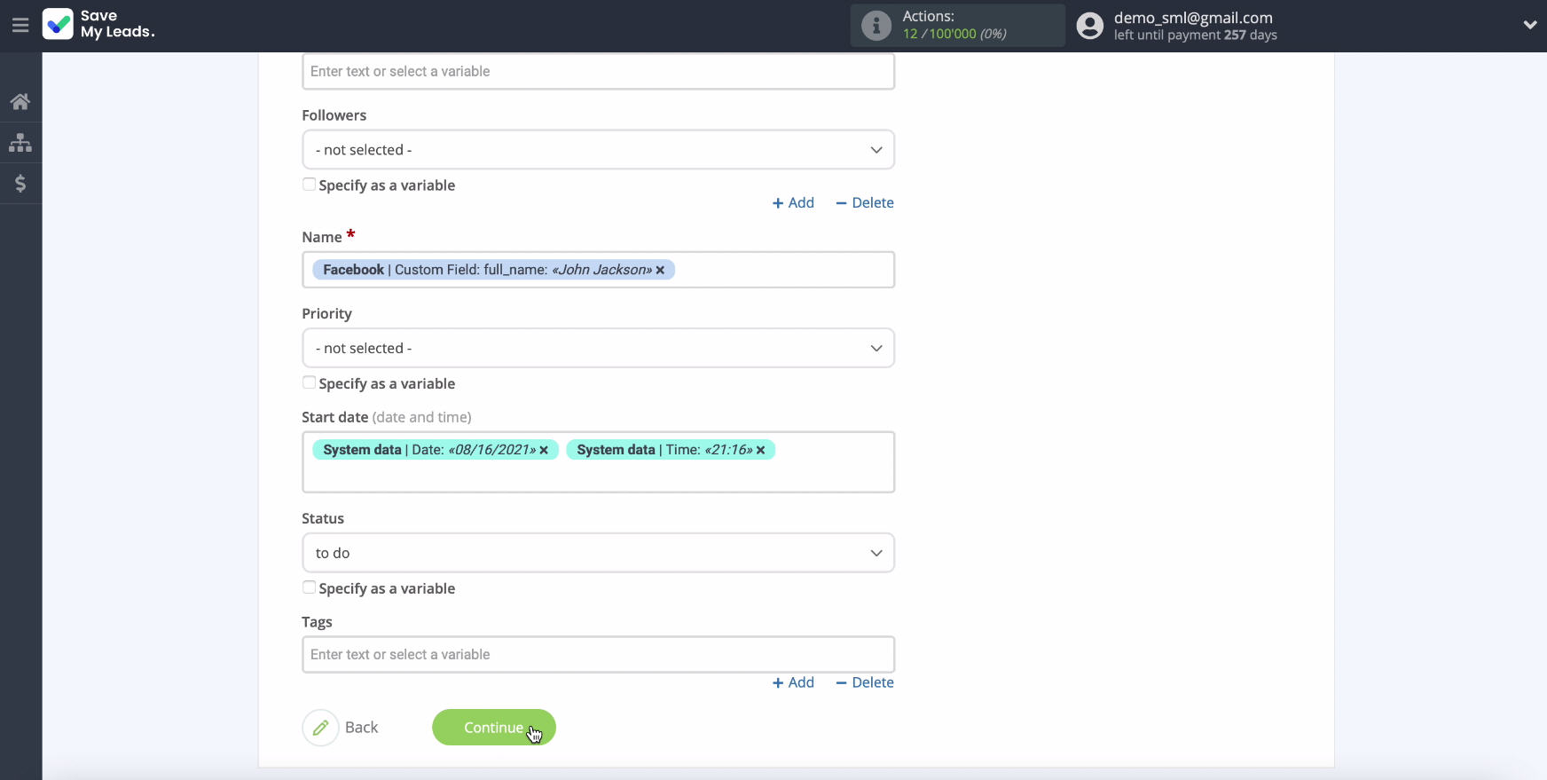 Facebook and ClickUp integration | Continue setting Facebook and ClickUp integration | Continue setting