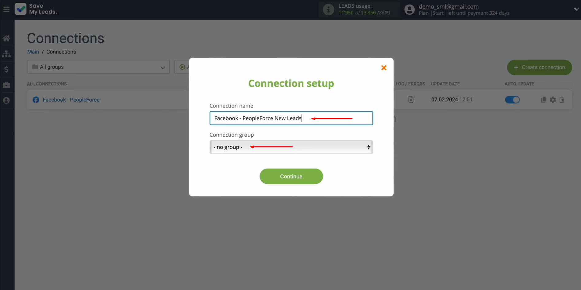 PeopleForce and Facebook integration | Change the connection name and add it to a group PeopleForce and Facebook integration | Change the connection name and add it to a group