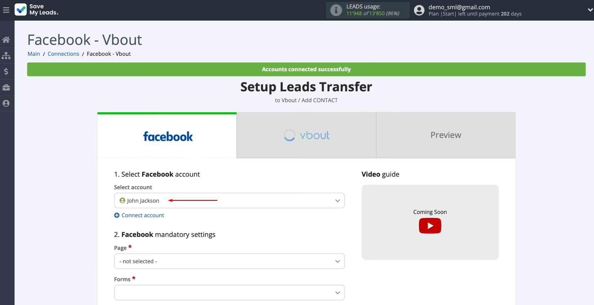 Facebook and Vbout integration | Select the connected account Facebook and Vbout integration | Select the connected account