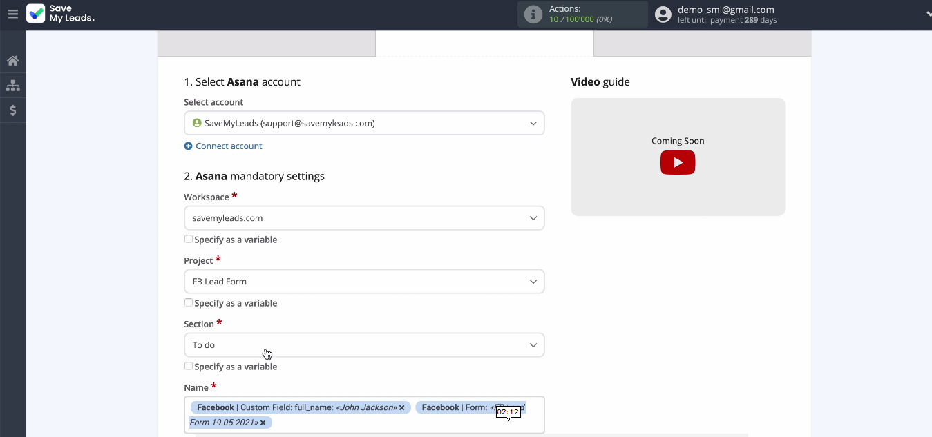Transfer leads from Facebook Lead Ads to Asana | Specify the Workspace Transfer leads from Facebook Lead Ads to Asana | Specify the Workspace