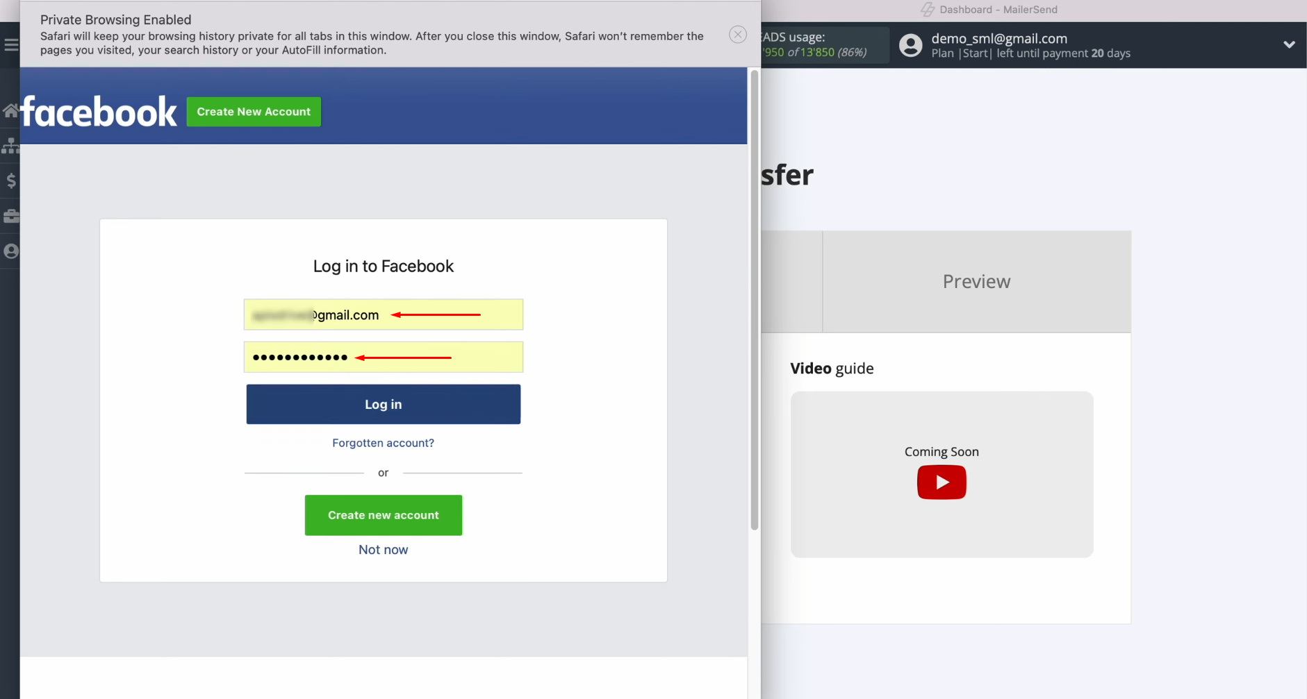 Facebook and MailerSend integration | Specify your login and password Facebook and MailerSend integration | Specify your login and password