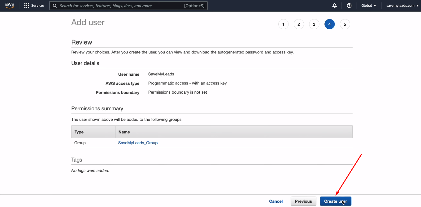 Facebook and Amazon DynamoDB integration | Click “Create user” Facebook and Amazon DynamoDB integration | Click “Create user”