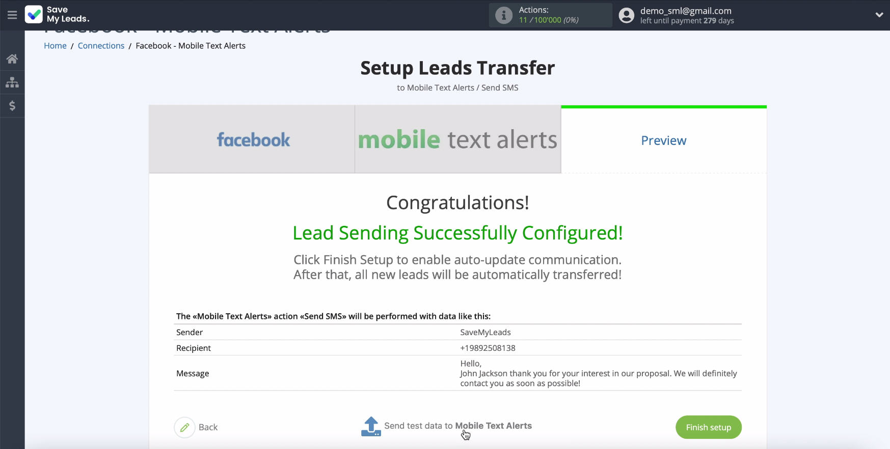 Facebook and Mobile Text Alerts integration | Sending test data Facebook and Mobile Text Alerts integration | Sending test data