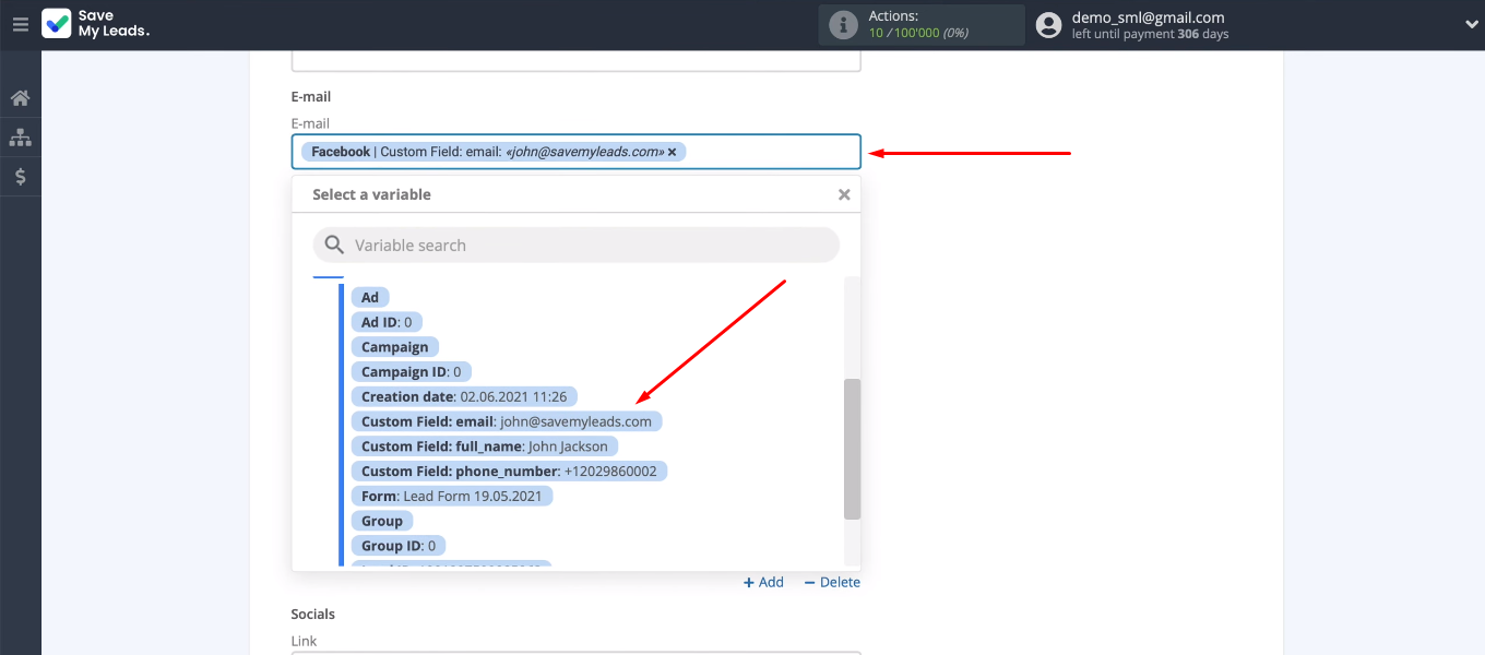 Facebook and Copper integration | Select the appropriate variables for the Copper fields from the drop-down list Facebook and Copper integration | Select the appropriate variables for the Copper fields from the drop-down list