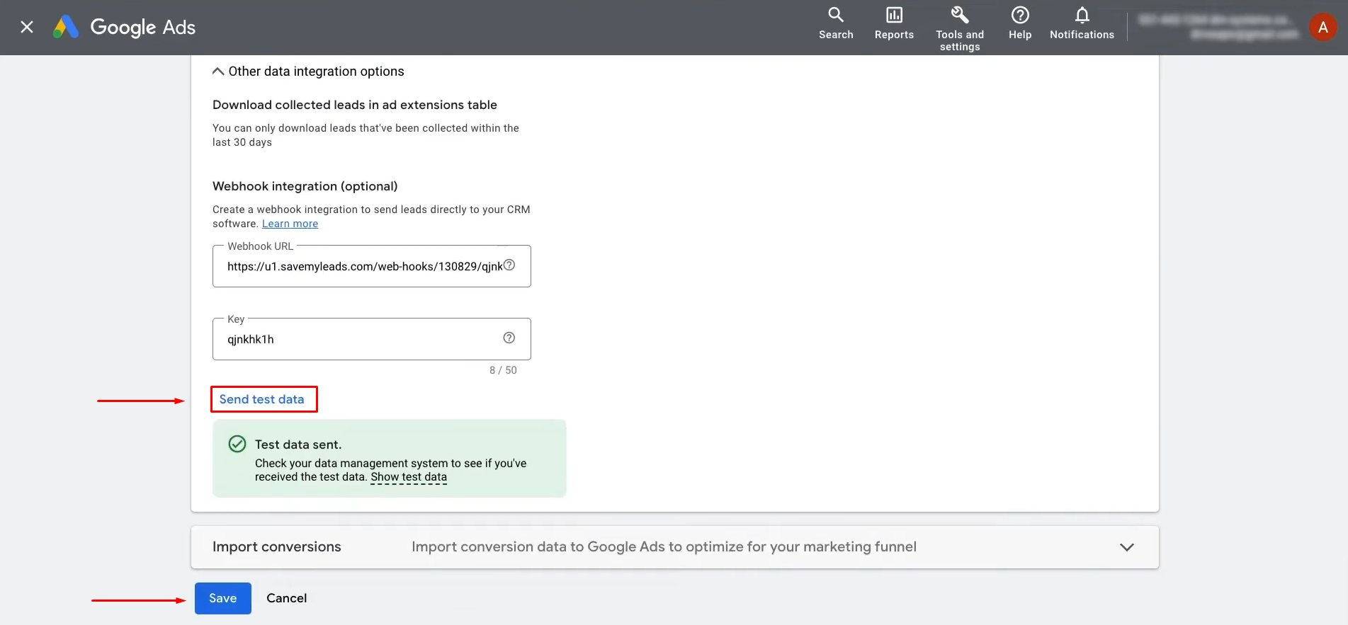 Google Lead Form and Gmail integration | Click "Send Test Data" and save the changes Google Lead Form and Gmail integration | Click "Send Test Data" and save the changes