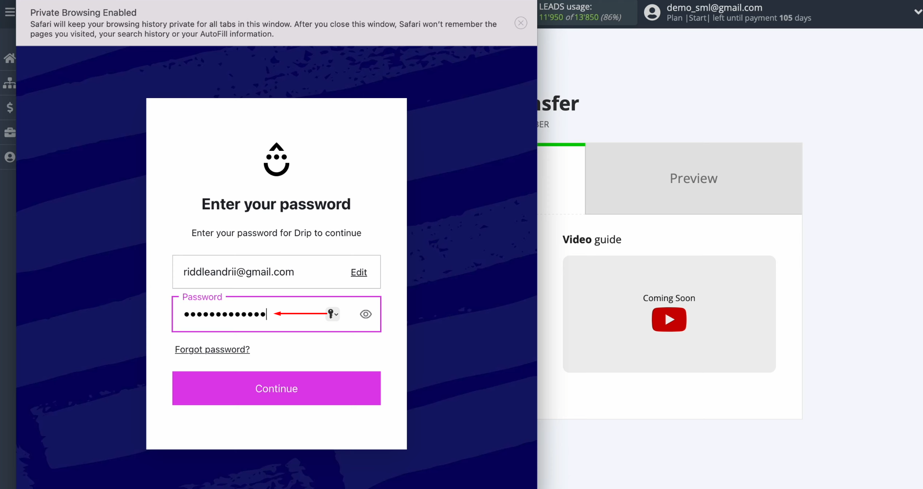 Facebook and Drip integration | Specify the password for your Drip account Facebook and Drip integration | Specify the password for your Drip account