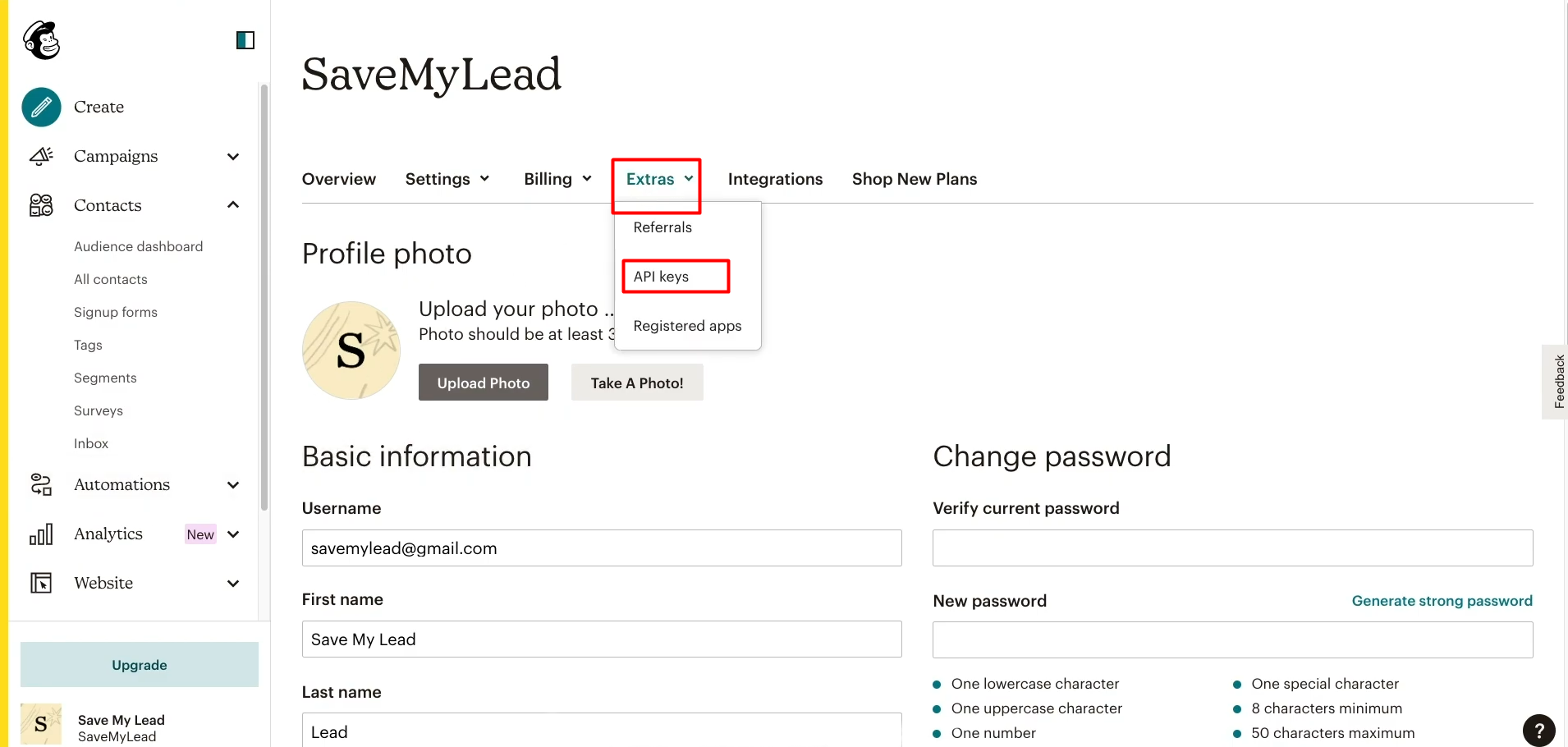 Google Lead Form and Mailchimp integration | Go to the "Extras" section and select the "API Keys" option Google Lead Form and Mailchimp integration | Go to the "Extras" section and select the "API Keys" option