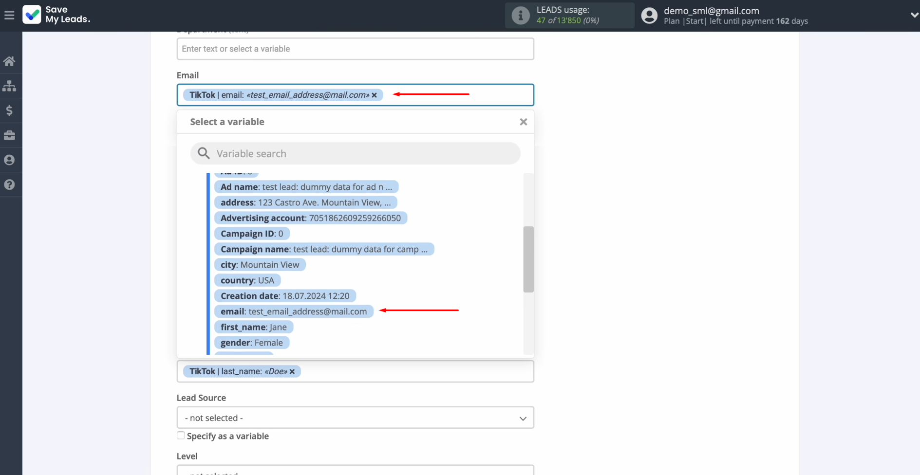 Fill the fields with the appropriate TikTok variables Fill the fields with the appropriate TikTok variables