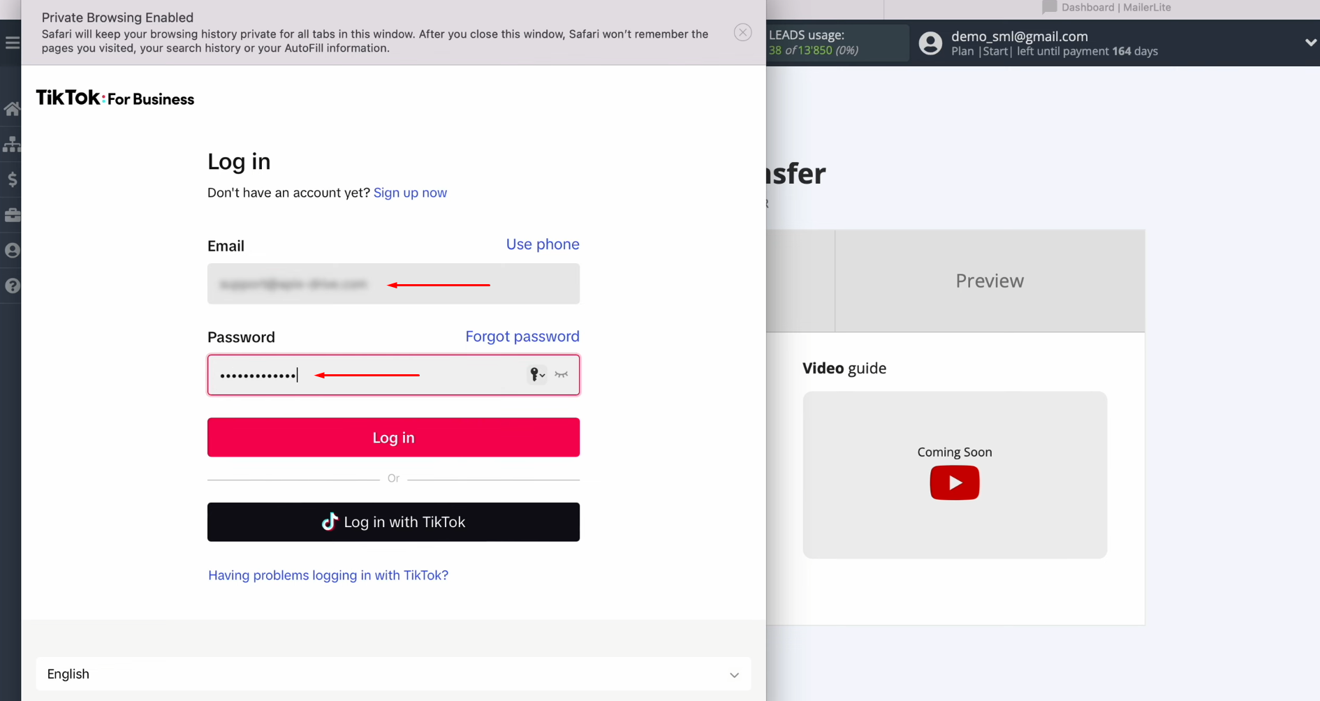 TikTok and MailerLite integration | Enter the login and password of the TikTok account TikTok and MailerLite integration | Enter the login and password of the TikTok account