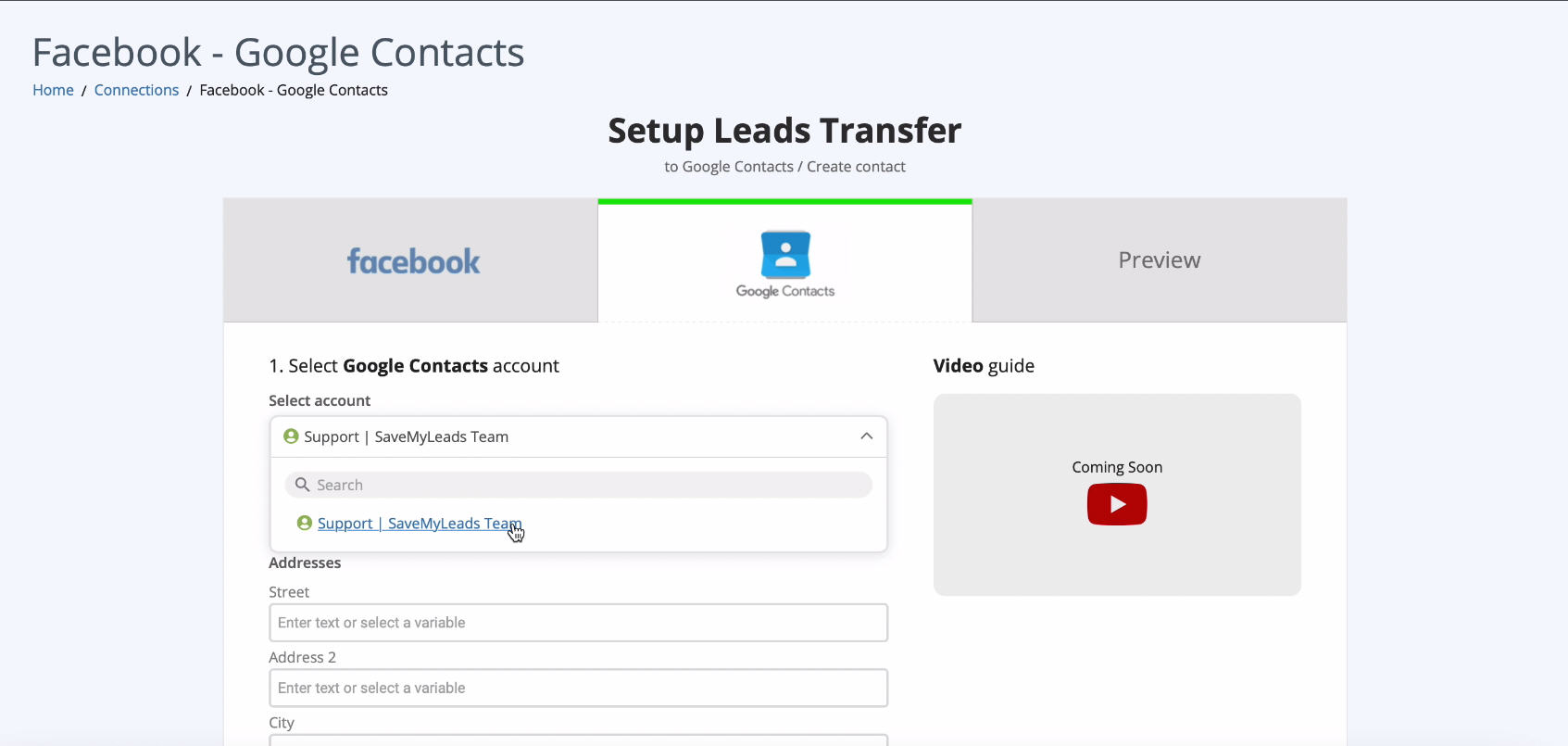 Facebook and Google Contacts integration | Select account Facebook and Google Contacts integration | Select account