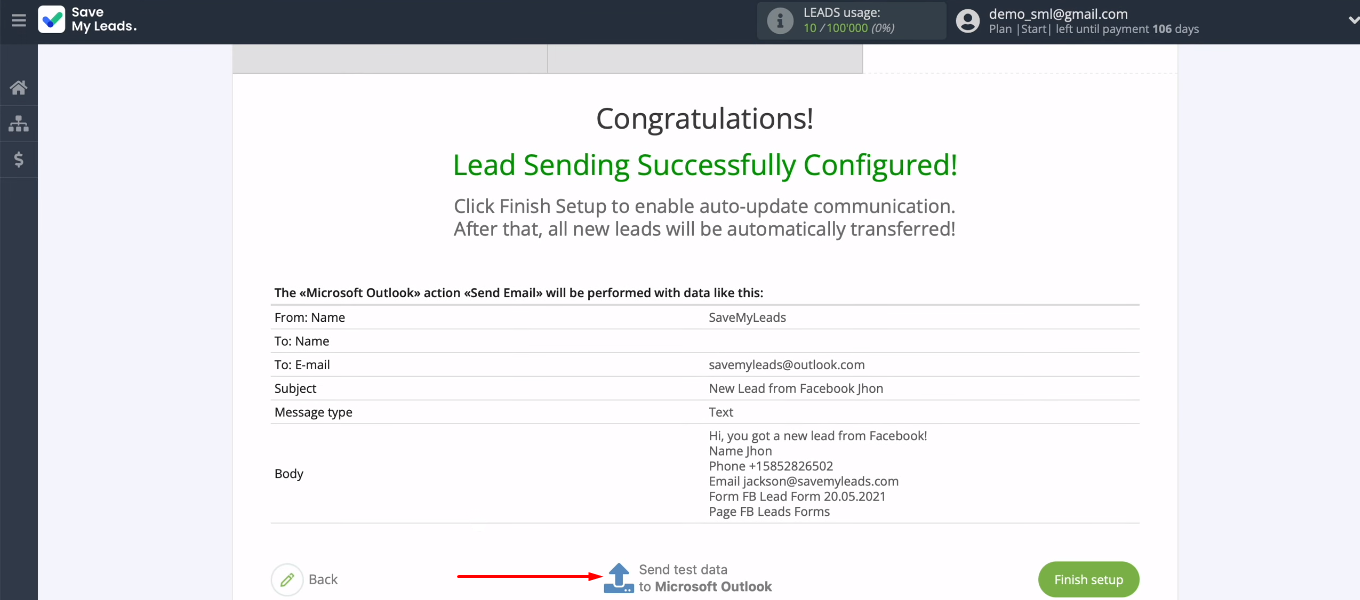 Facebook and Microsoft Outlook integration | Send test data to Outlook Facebook and Microsoft Outlook integration | Send test data to Outlook