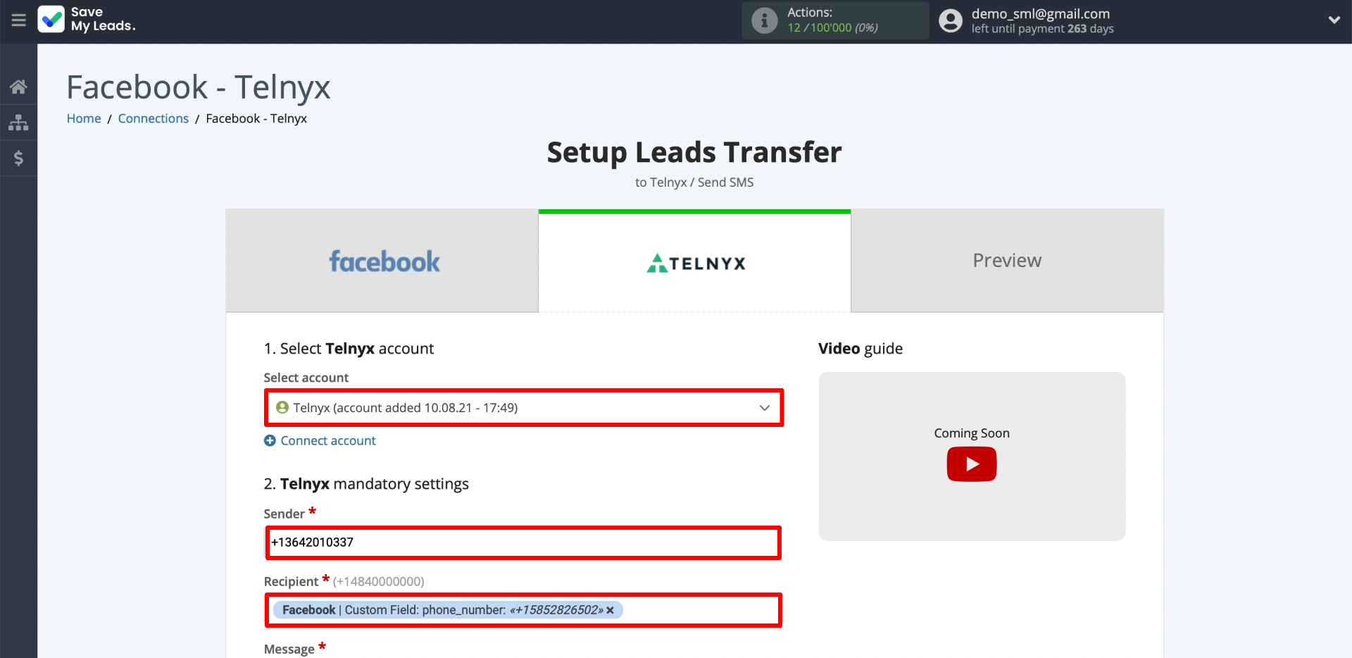 Specify the parameters for sending the message Specify the parameters for sending the message