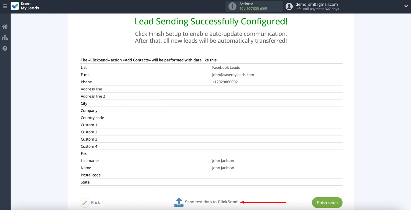 Facebook and ClickSend integration | Click “Send test data to ClickSend” Facebook and ClickSend integration | Click “Send test data to ClickSend”