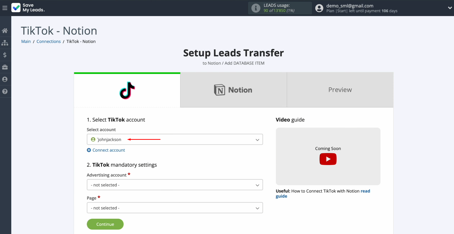 TikTok and Notion integration | Select the connected account TikTok and Notion integration | Select the connected account