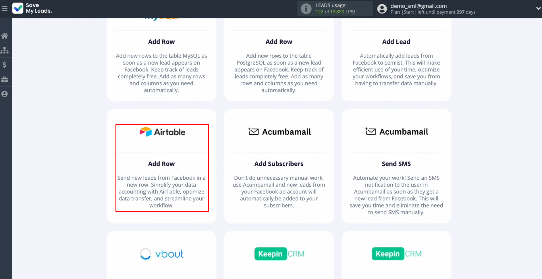 Facebook Airtable integration | Select the system where you need to transfer new leads Facebook Airtable integration | Select the system where you need to transfer new leads