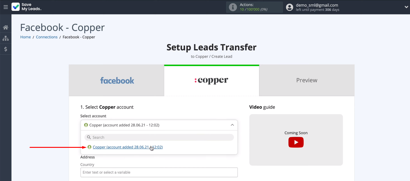 Facebook and Copper integration | Select the connected Copper account Facebook and Copper integration | Select the connected Copper account