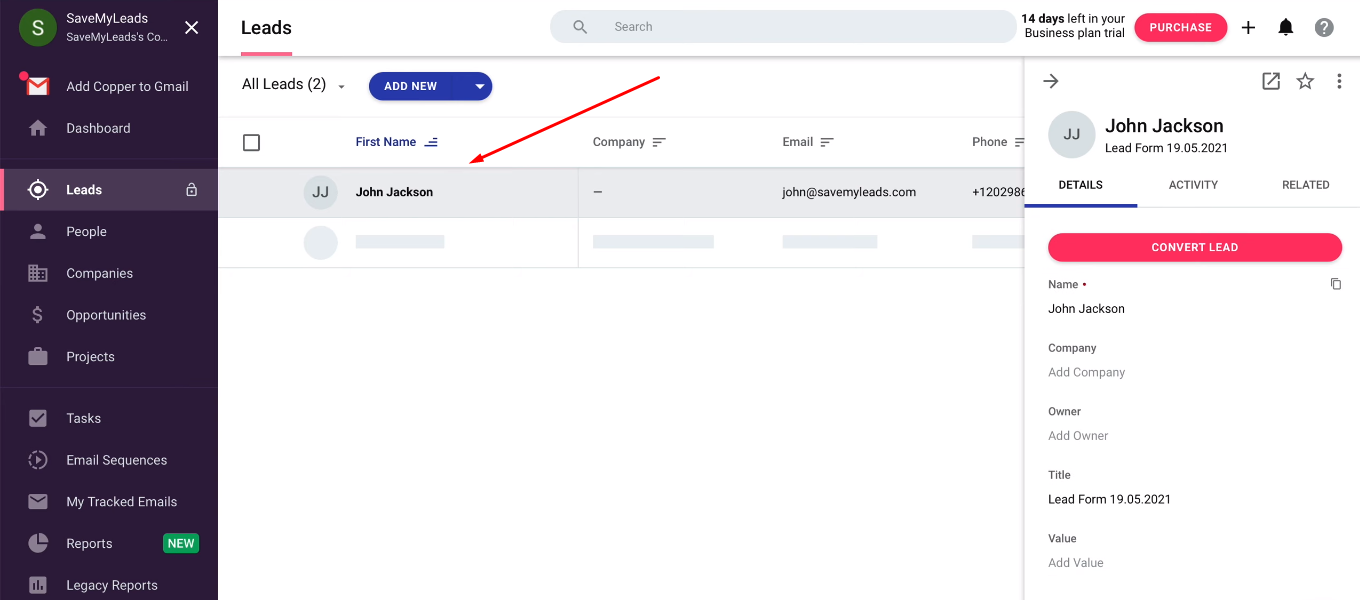 Facebook and Copper integration | Check the correctness of adding a test lead Facebook and Copper integration | Check the correctness of adding a test lead