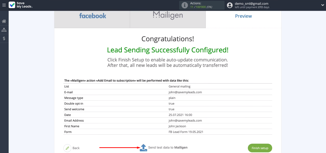 Facebook and Mailigen integration | Send test data to Mailigen Facebook and Mailigen integration | Send test data to Mailigen