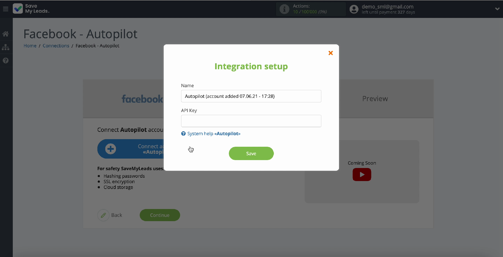 API key entry window API key entry window