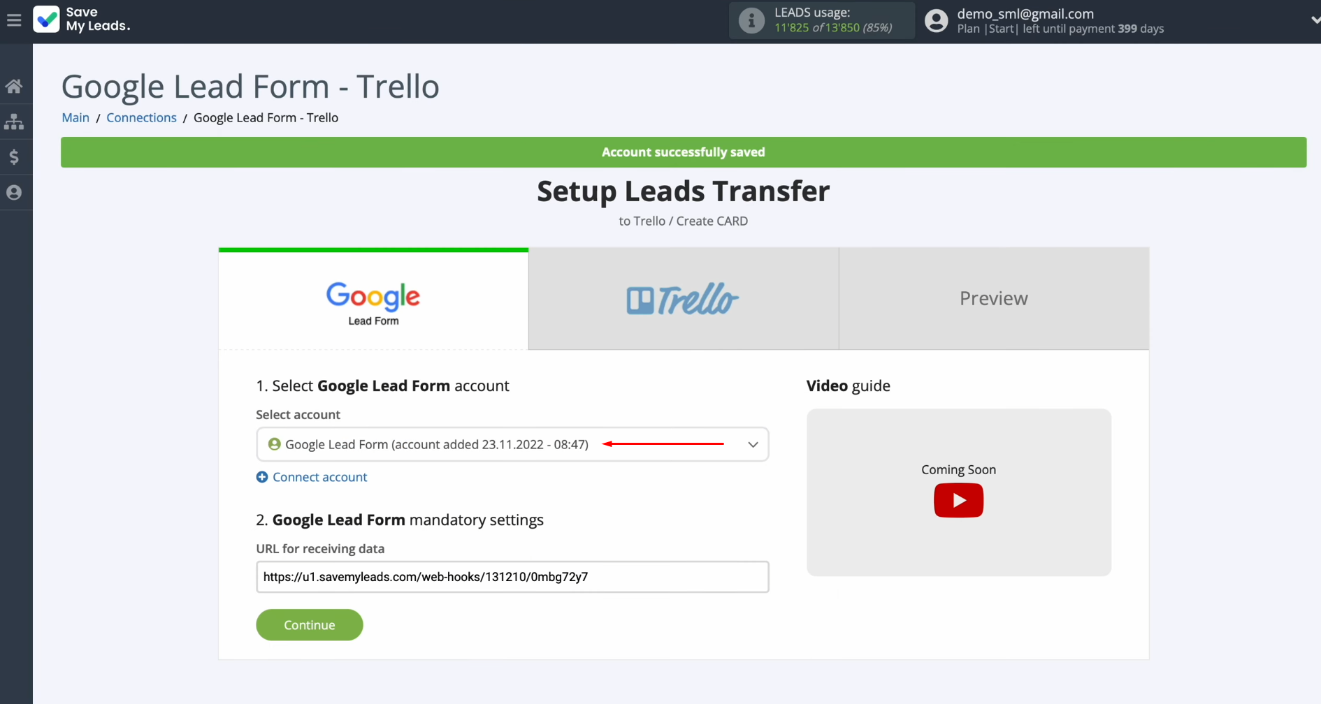 Google Lead Form and Trello integration | Select the connected account Google Lead Form and Trello integration | Select the connected account