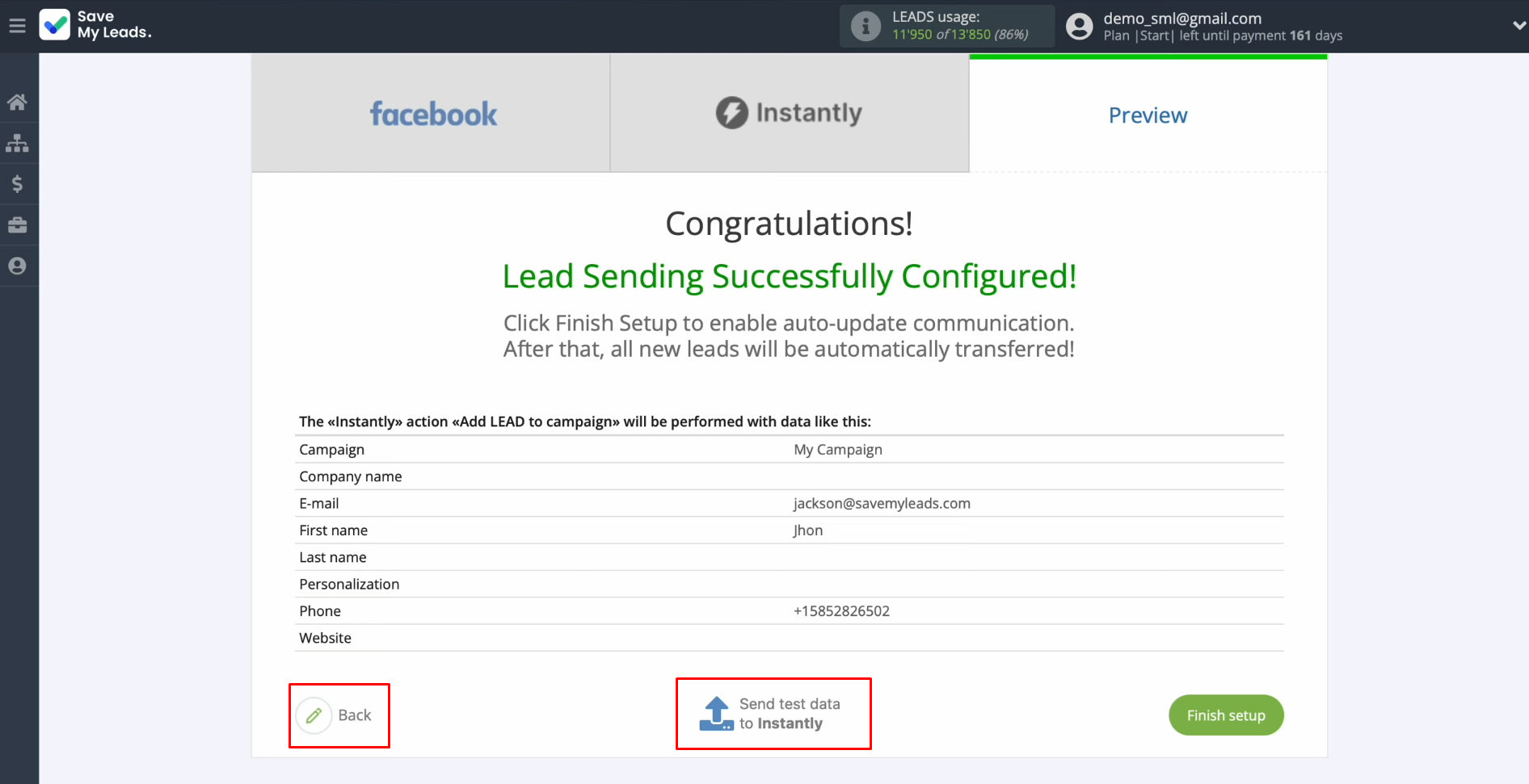 Facebook and Instantly integration | Click “Back” or “Send test data to Instantly” Facebook and Instantly integration | Click “Back” or “Send test data to Instantly”