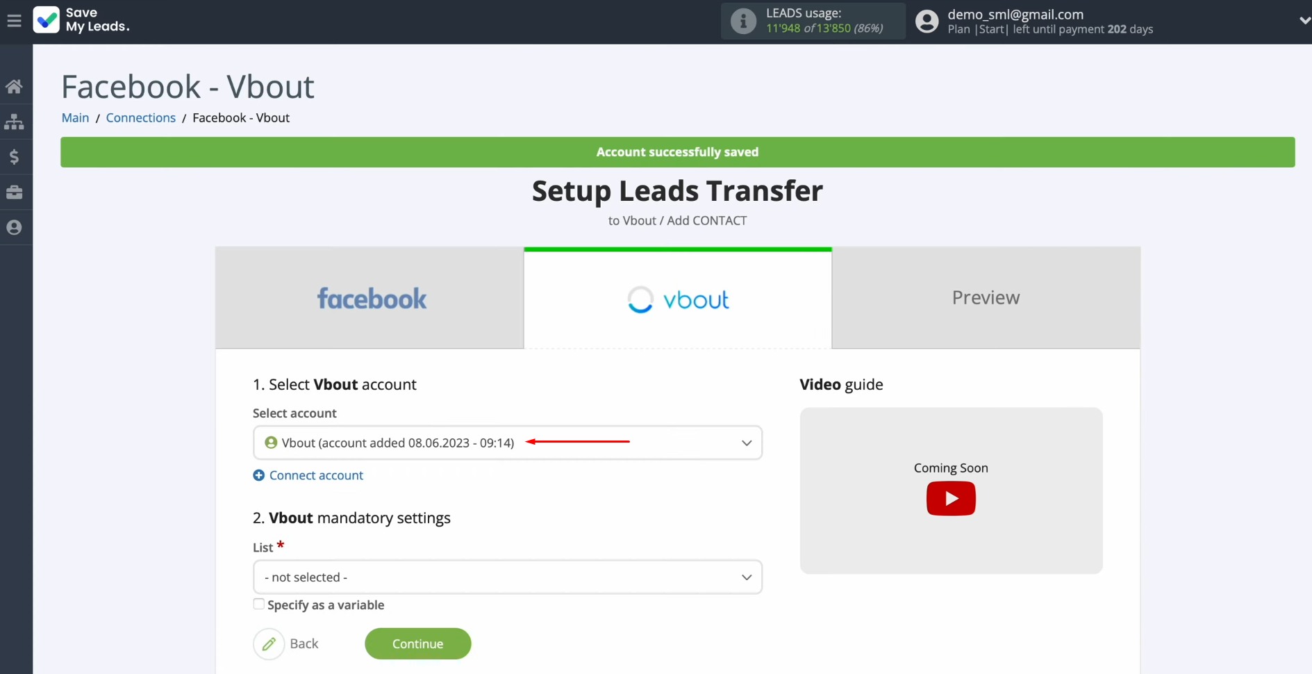 Facebook and Vbout integration | Select the connected account Facebook and Vbout integration | Select the connected account