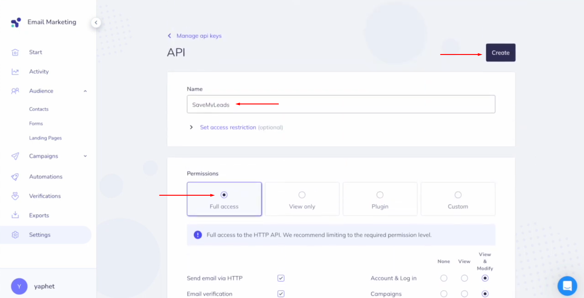 Elastic Email and Facebook integration | Specify a name for the new key Elastic Email and Facebook integration | Specify a name for the new key