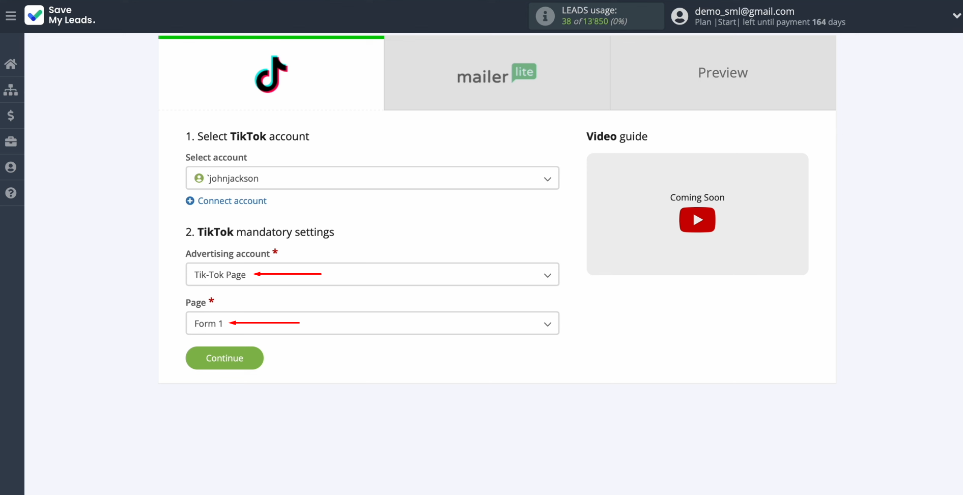 TikTok and MailerLite integration | Choose the page and form TikTok and MailerLite integration | Choose the page and form