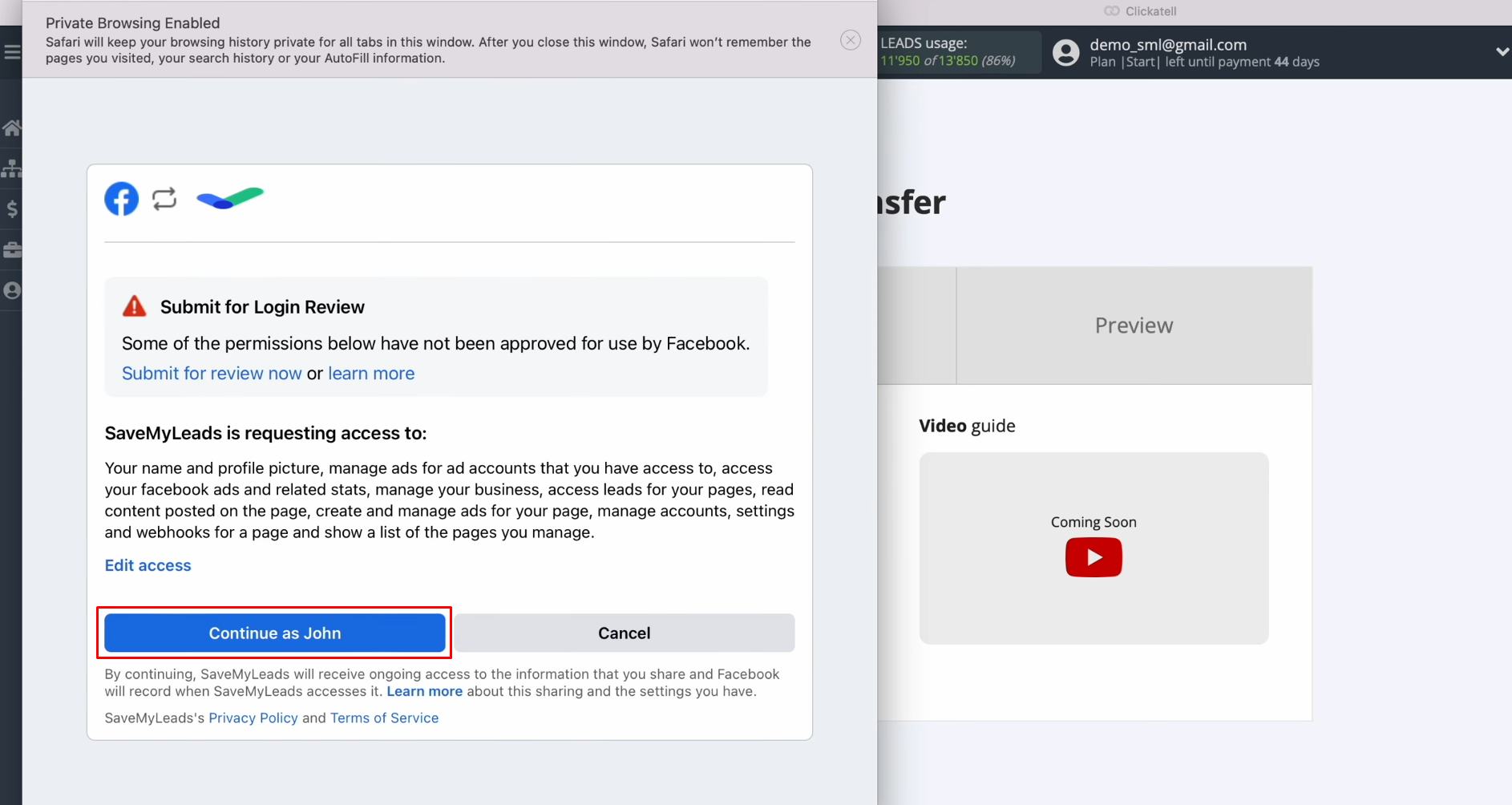 Facebook and Clickatell integration | Click “Continue as…” Facebook and Clickatell integration | Click “Continue as…”