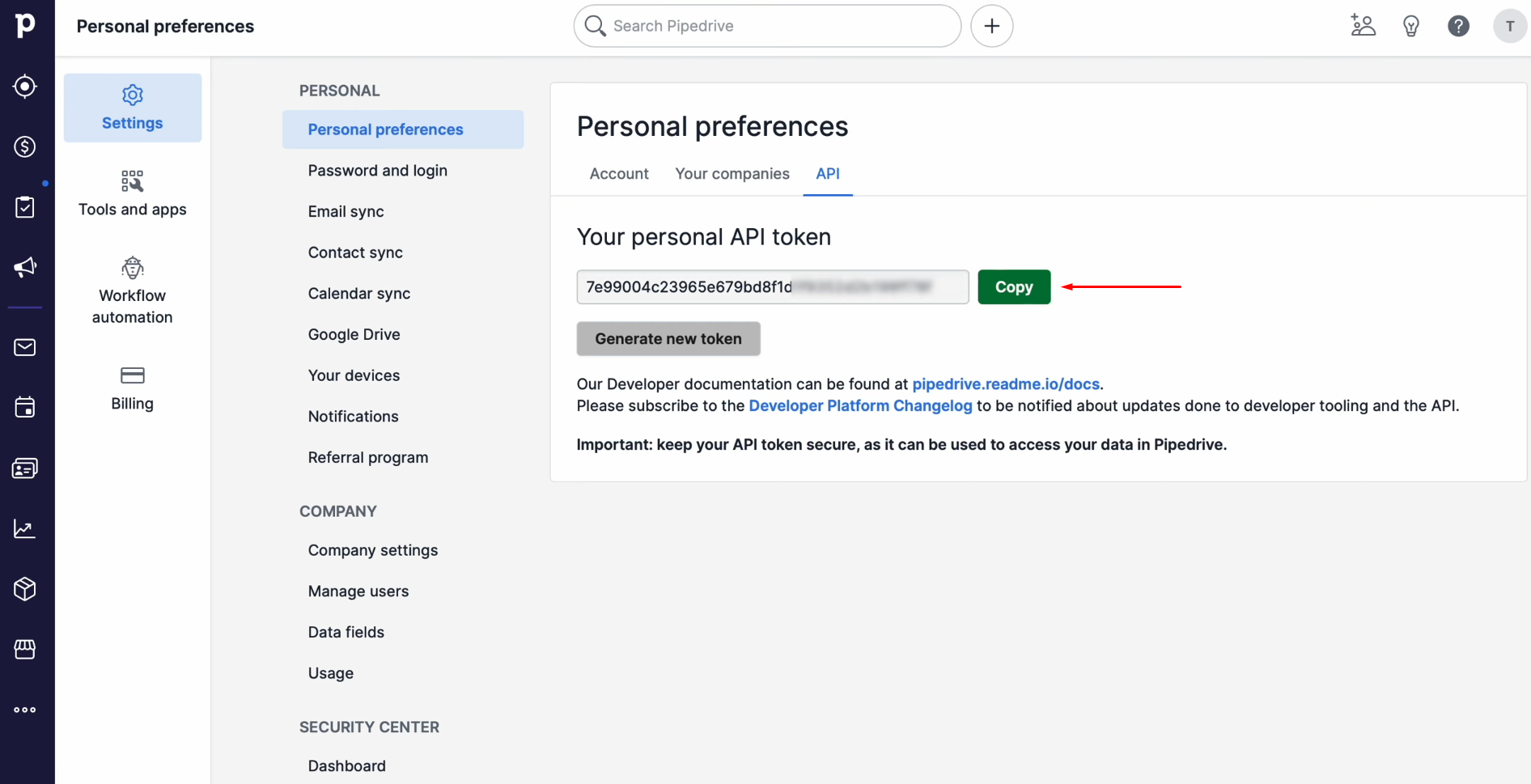 Pipedrive and Google Ads Lead Form integration | Copy the API key Pipedrive and Google Ads Lead Form integration | Copy the API key